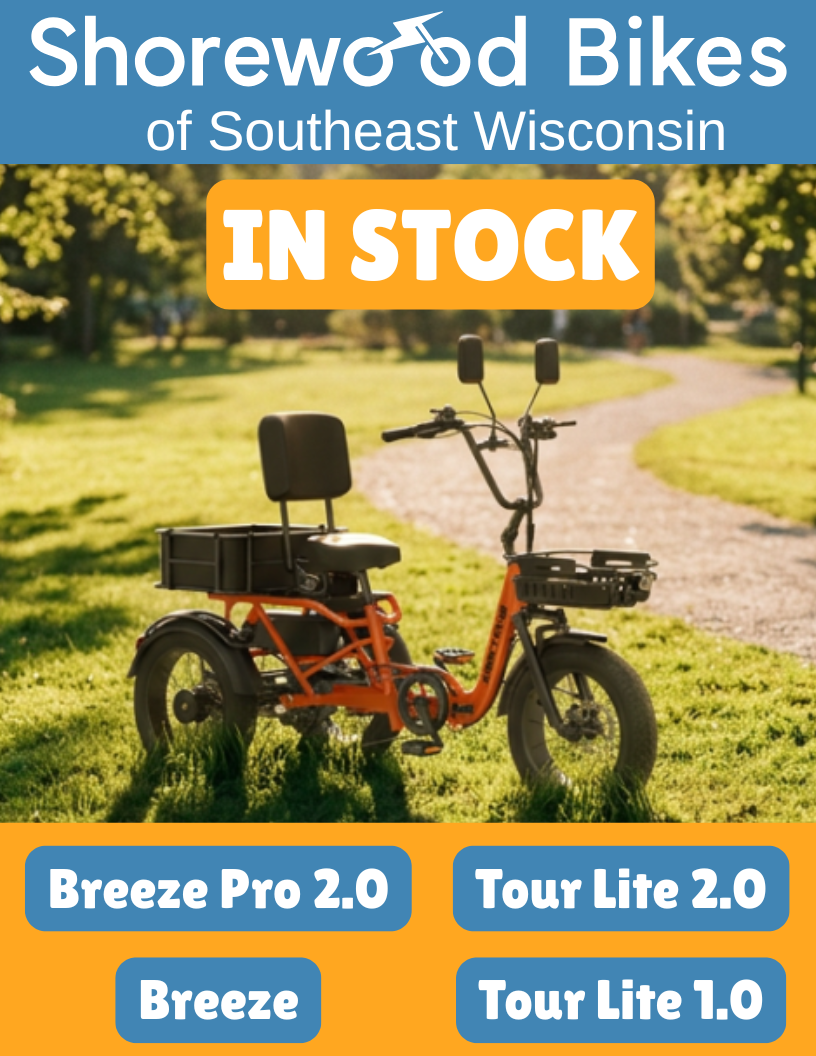 Meet One electric trike in stock at Shorewood Bikes, including Breeze Pro 2.0, Tour Lite 2.0, Breeze, and Tour Lite 1.0