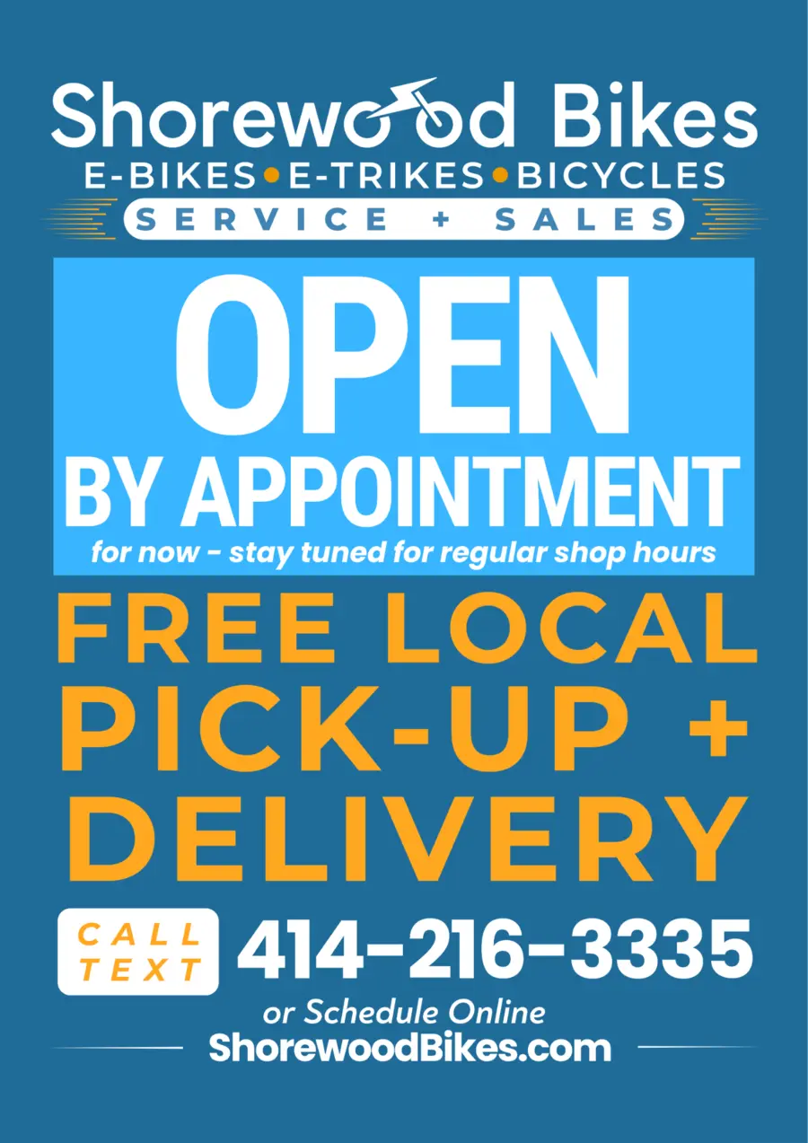 Shorewood Bikes service and sales shop is open by appointment with free local pickup and delivery